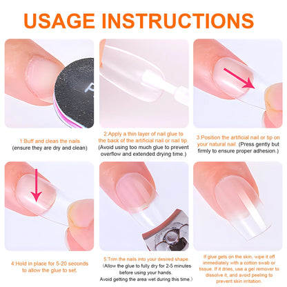 Step-by-step usage instructions for applying artificial nails.