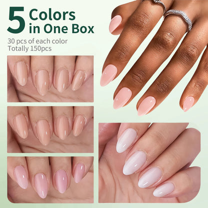 Nail polish set with five colors shown on a hand, featuring text about quantity.