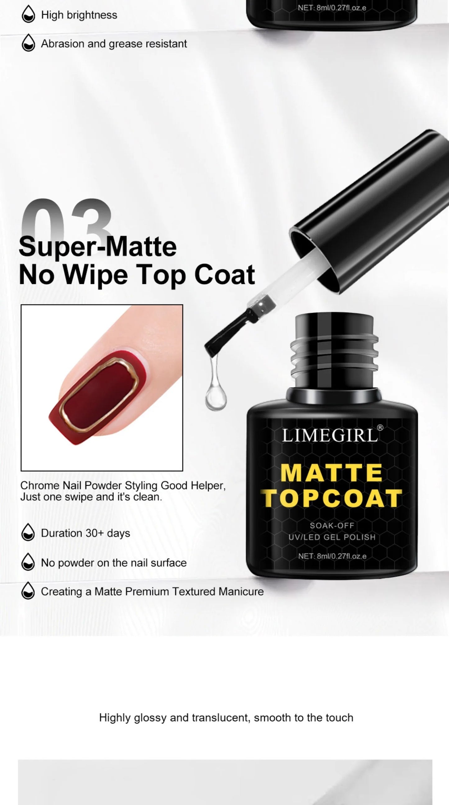 Limegirl Matte Top Coat with application on nail and product details.
