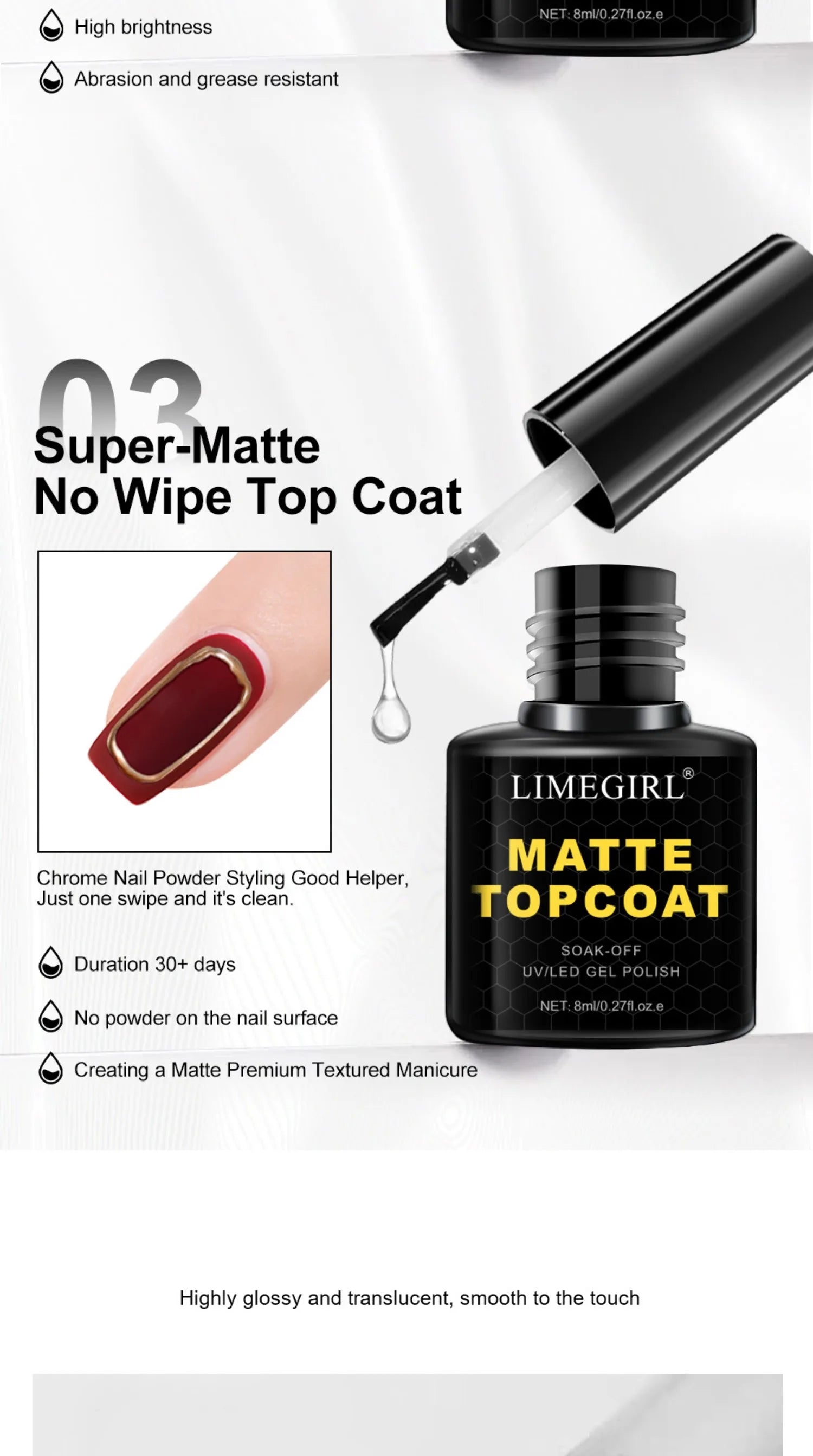 Limegirl Matte Top Coat with application on nail and product details.