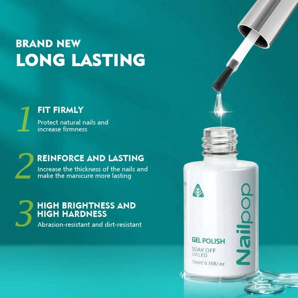 Nail polish bottle with dropper and text on a teal background