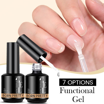 BORN PRETTY Functional Gel with application on nails and text '7 Options' on a beige background
