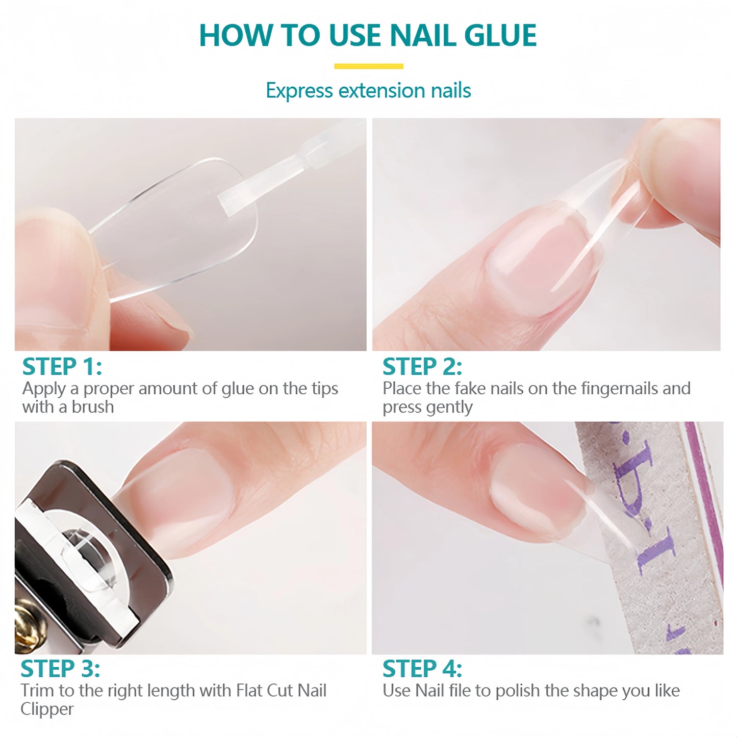 Step-by-step guide on how to use nail glue for expressing extension nails.