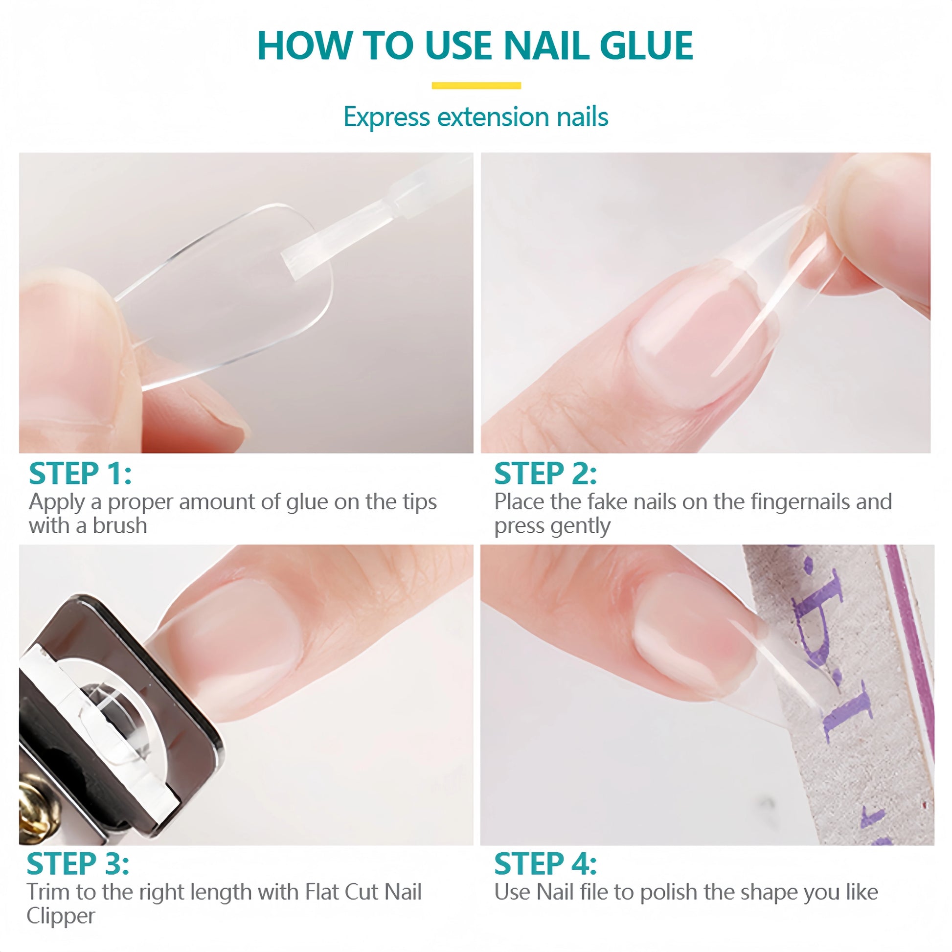 Step-by-step guide on how to use nail glue for expressing extension nails.