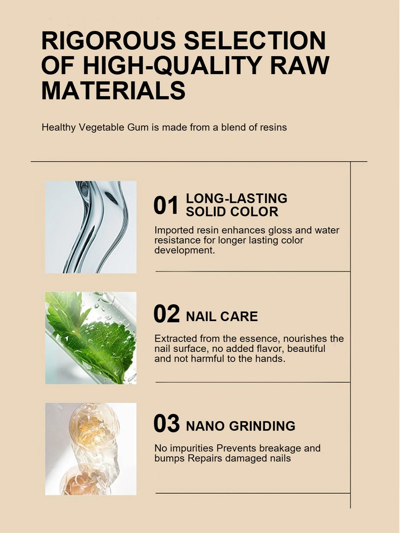 Product description card with images and text about high-quality raw materials used in Healthy Vegetable Gum.