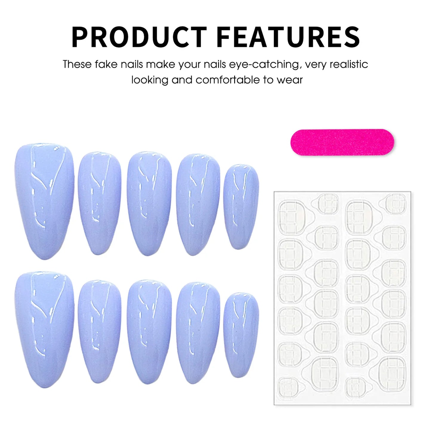 Set of light blue fake nails with a tray of nail stickers on a white background.