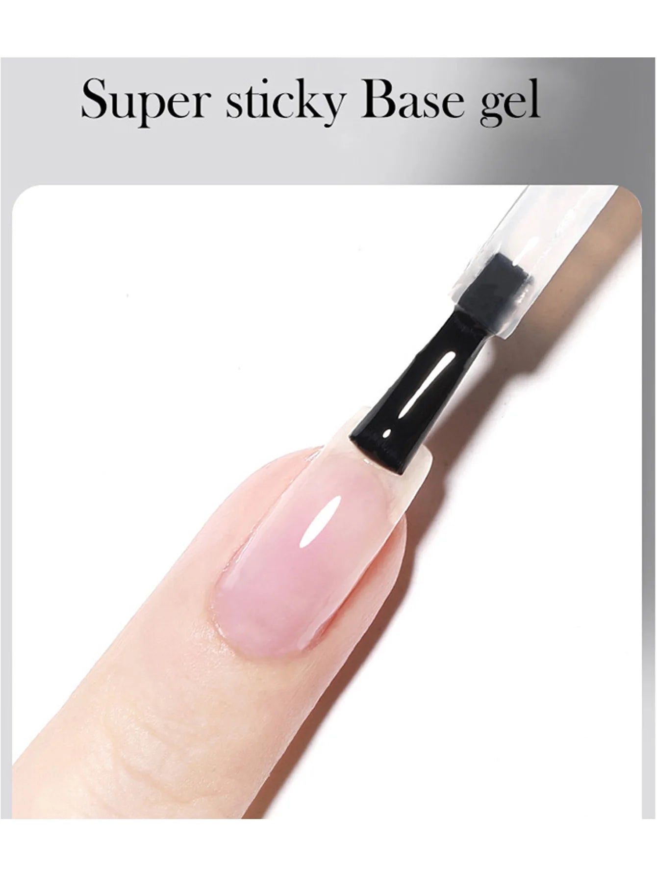 Super sticky base gel with a brush applicator on a white background
