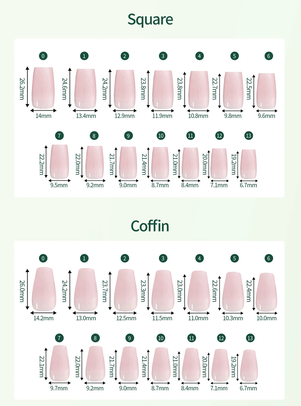 Nail tip size chart with square and coffin shapes on a light green background