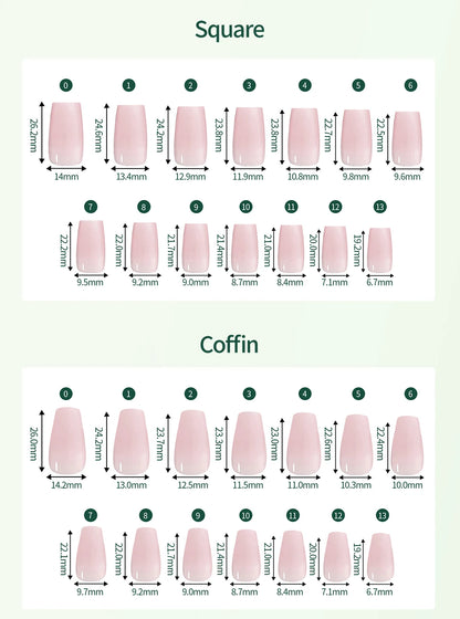 Nail tip size chart with square and coffin shapes on a light green background
