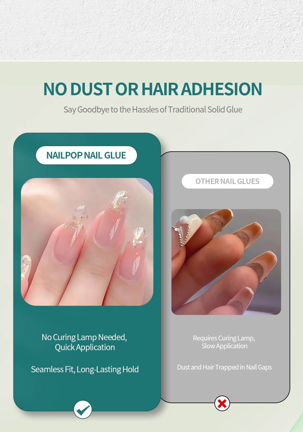 Comparison of Nailpop nail glue with other nail glues on a light gray background