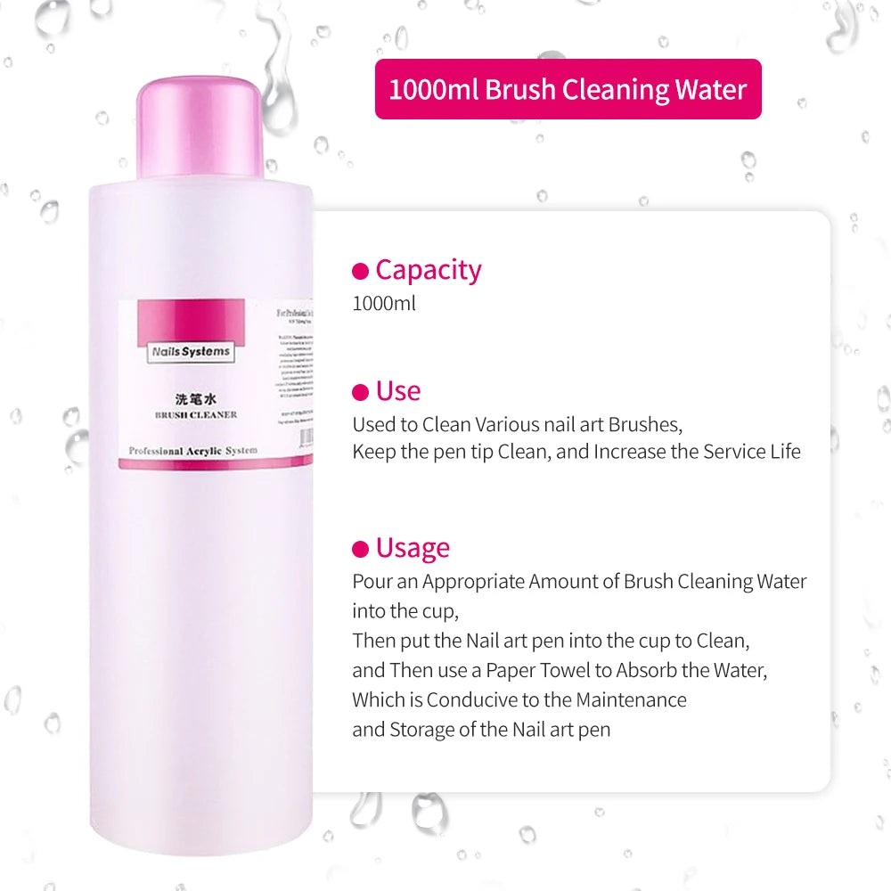 Bottle of brush cleaning water with product details on a white background