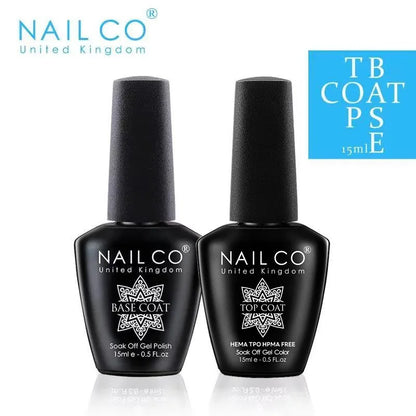 Two black nail polish bottles labeled 'Base Coat' and 'Top Coat' by NAIL CO on a white background.