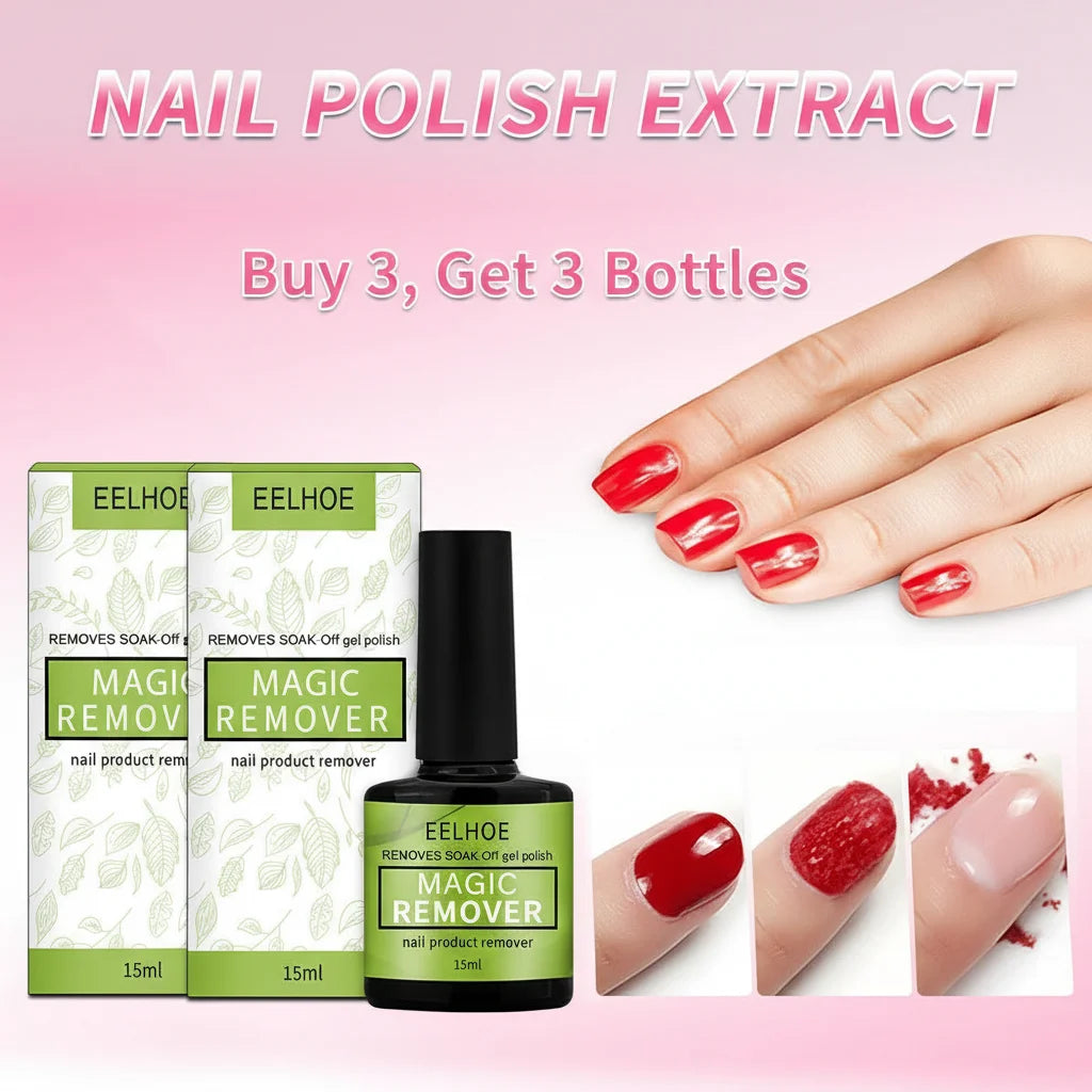 Eelhoe nail polish remover with packaging and a hand showing red nails.