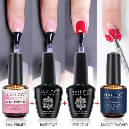 Set of Nail CO nail care products including primer, base coat, top coat, and remover with application on nails.