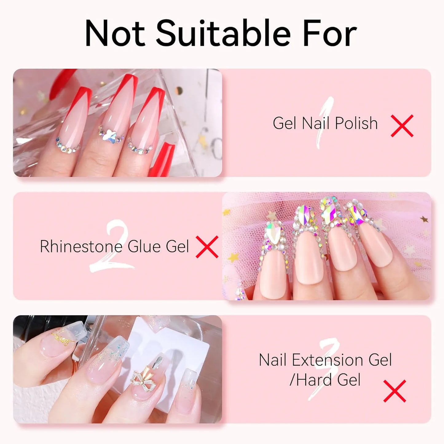 Nail care product compatibility chart indicating suitability for gel nail polish, rhinestone glue gel, and nail extension gel.