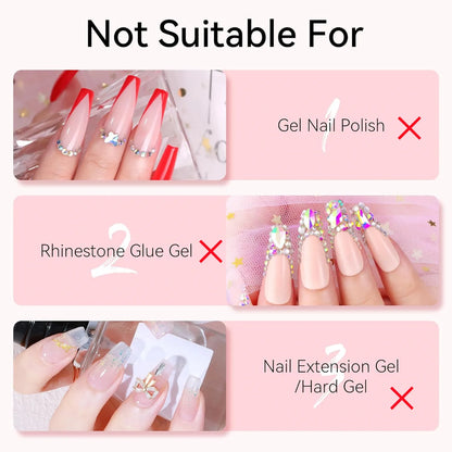 Nail care product compatibility chart indicating suitability for gel nail polish, rhinestone glue gel, and nail extension gel.