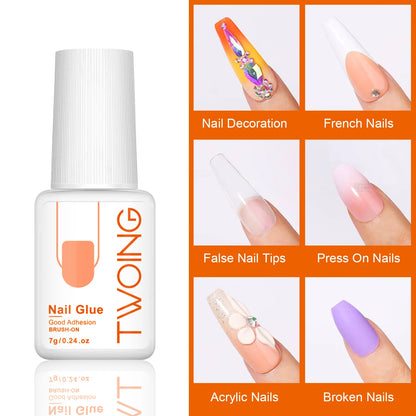 Nail glue bottle with application examples on a white background