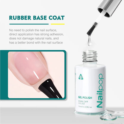 Nail polish bottle with dropper and text about rubber base coat