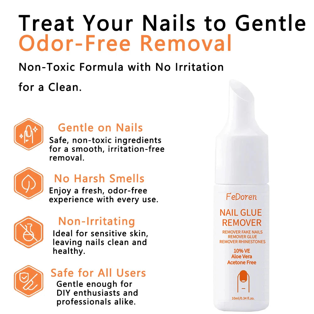 FeDoren nail glue remover bottle with product features on a white background