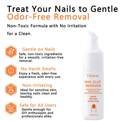 FeDoren nail glue remover bottle with product features on a white background