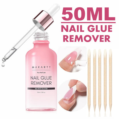 Pink nail glue remover bottle with dropper, cotton swabs, and a small nail model on a white background.