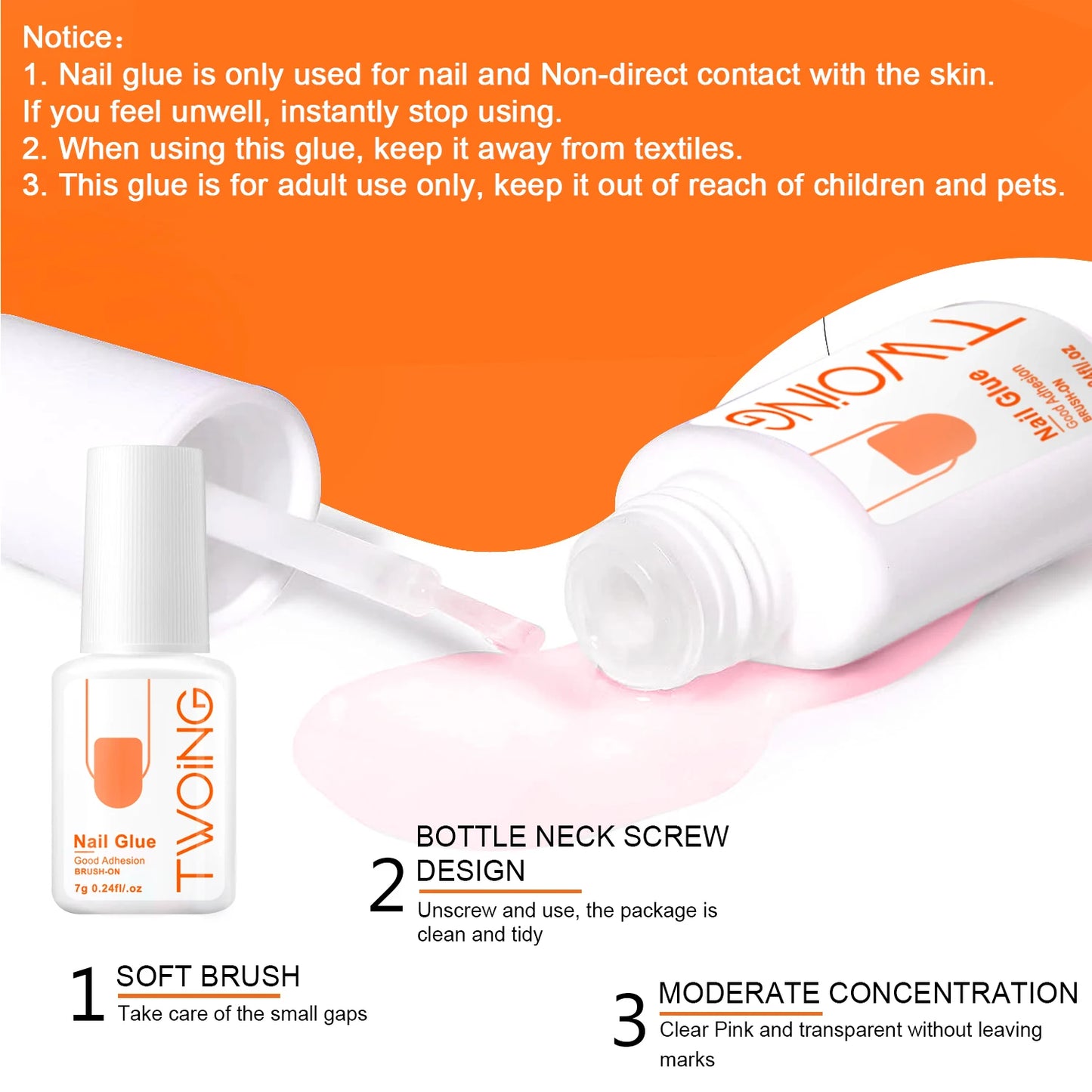 Nail glue product with usage instructions and features on an orange background