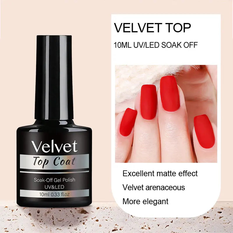 Black bottle of Velvet top coat gel polish with red nails and text on a beige background