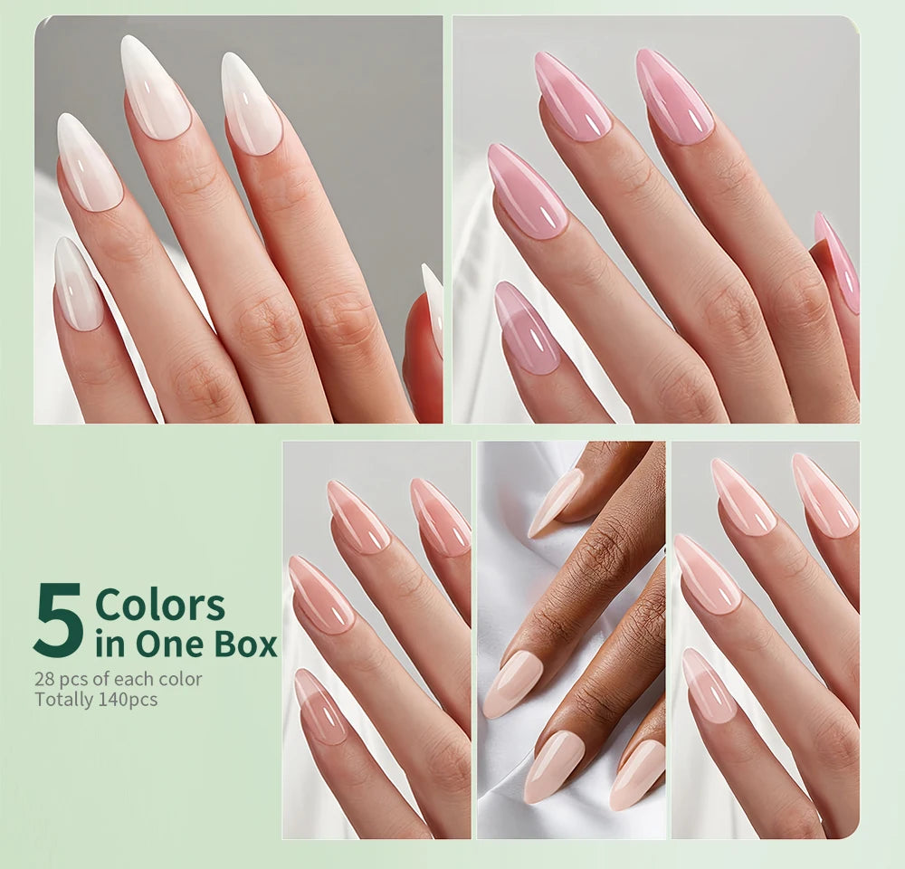 Collage of hands with long, colored nails on a light green background