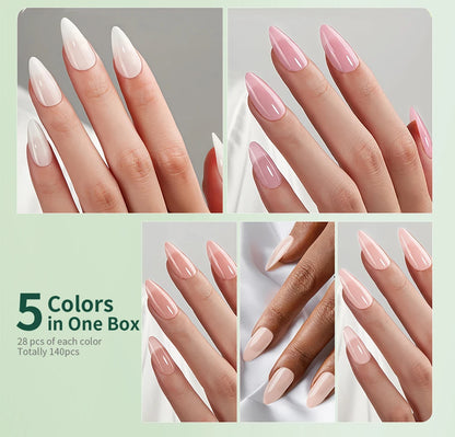 Collage of hands with long, colored nails on a light green background
