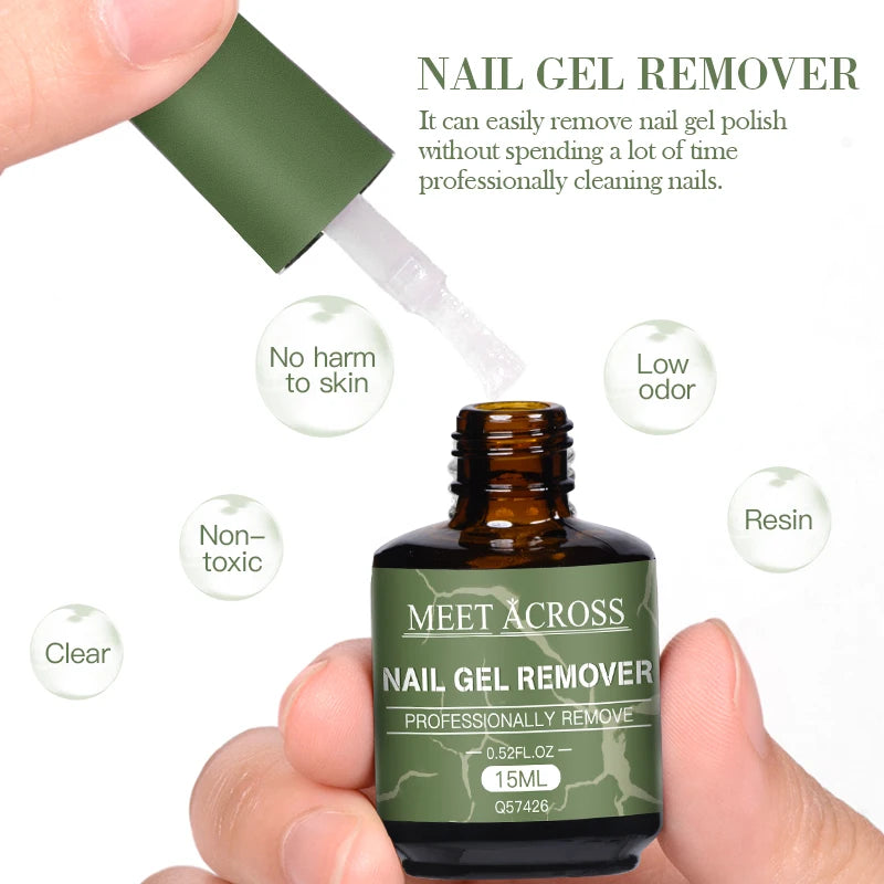 Nail gel remover bottle with dropper and text highlighting benefits on a white background