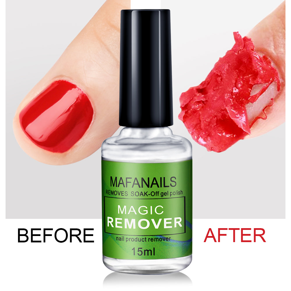 Mafanails Magic Remover bottle with a hand showing red nail polish and gel being removed.