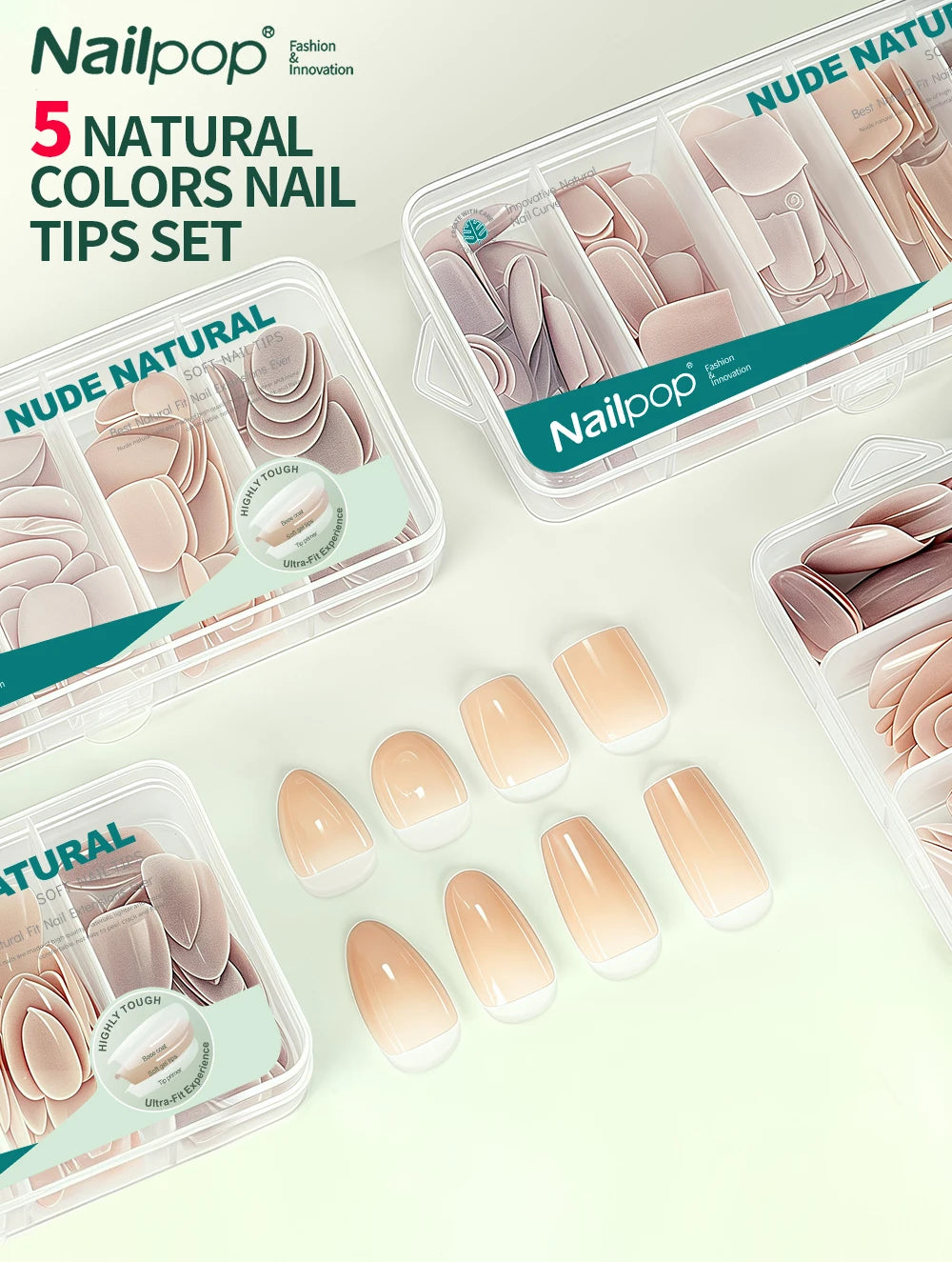 Nail pop nail tips set with nude natural colors on a light green background
