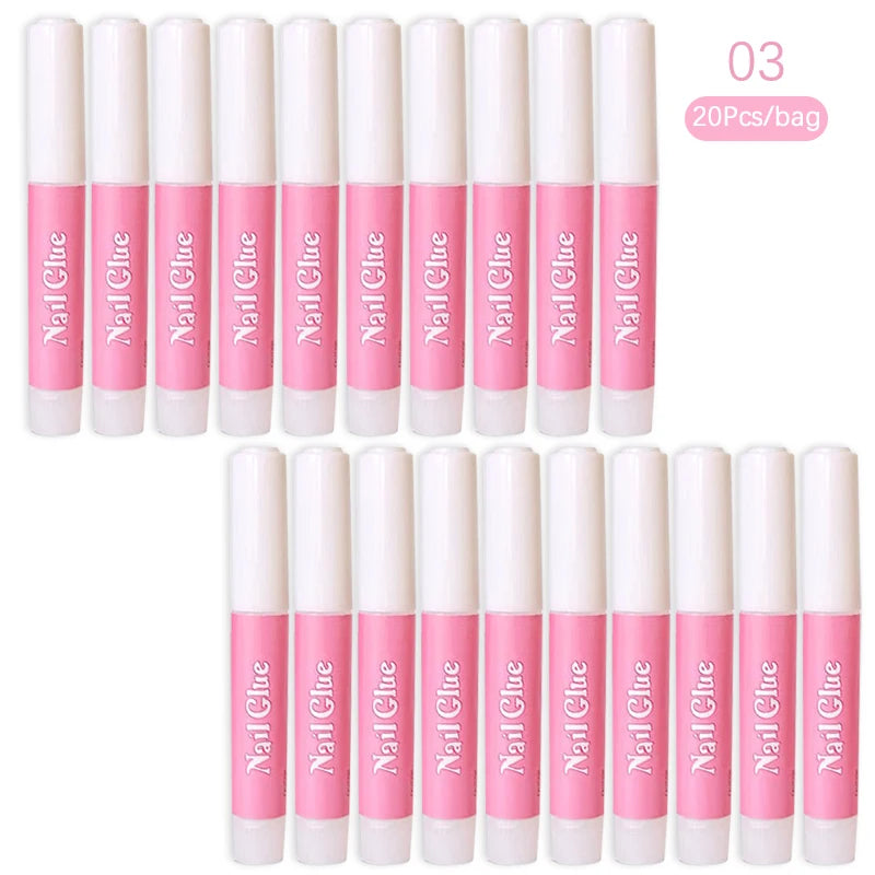 Multiple bottles of Nail Glue with pink and white design on a white background