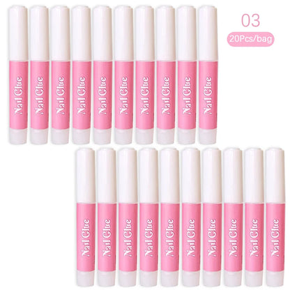 Multiple bottles of Nail Glue with pink and white design on a white background
