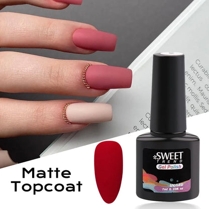 Nails with matte pink and red polish, Sweet Trend gel polish bottle, and 'Matte Topcoat' text.