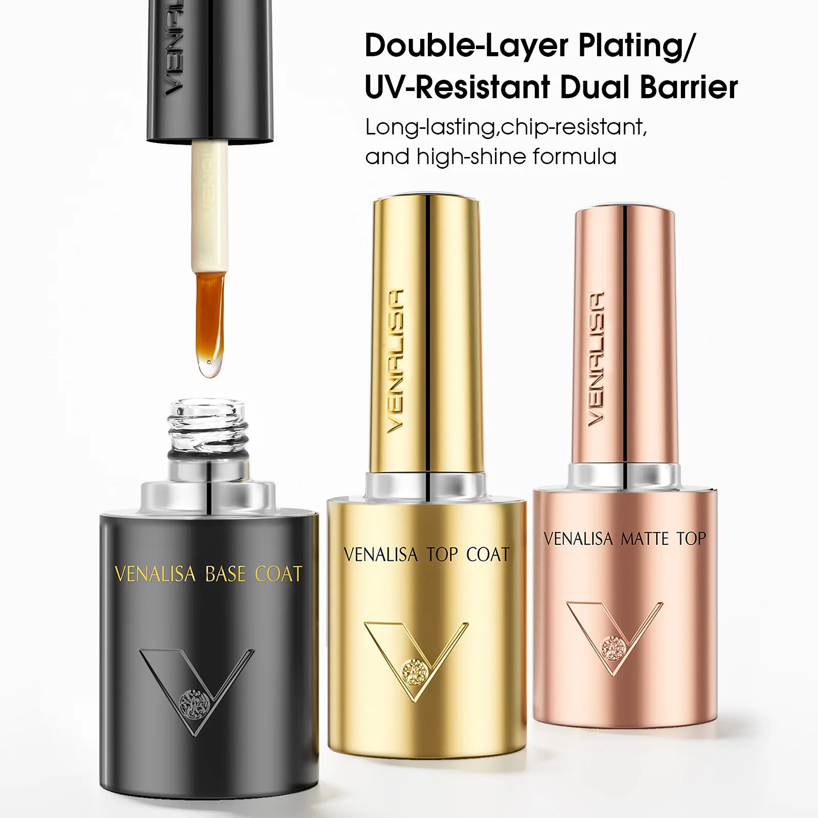 Venalisa nail polish bottles with dropper and text about double-layer plating and UV-resistance on a white background