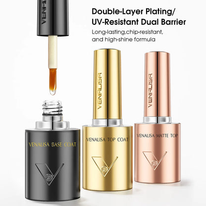 Venalisa nail polish bottles with dropper and text about double-layer plating and UV-resistance on a white background