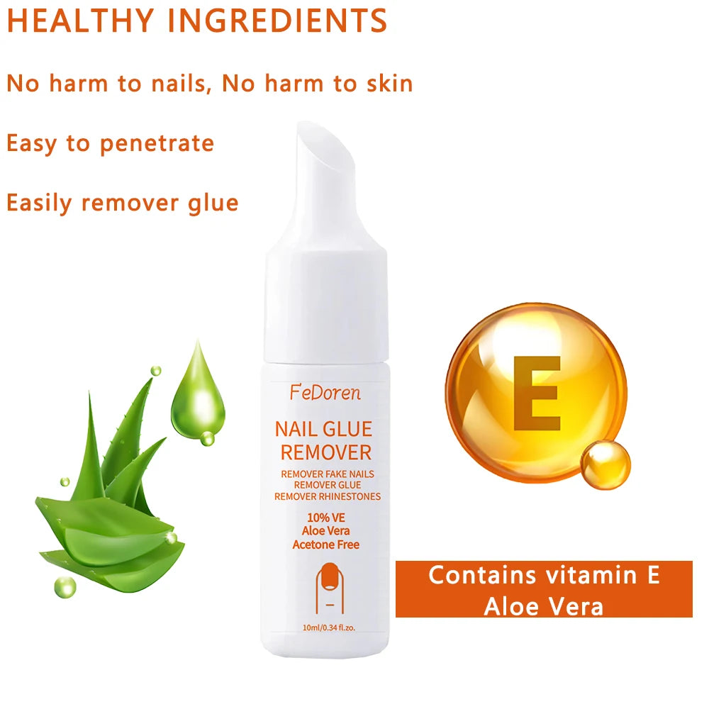 FeDoren nail glue remover bottle with aloe vera and vitamin E graphics on a white background