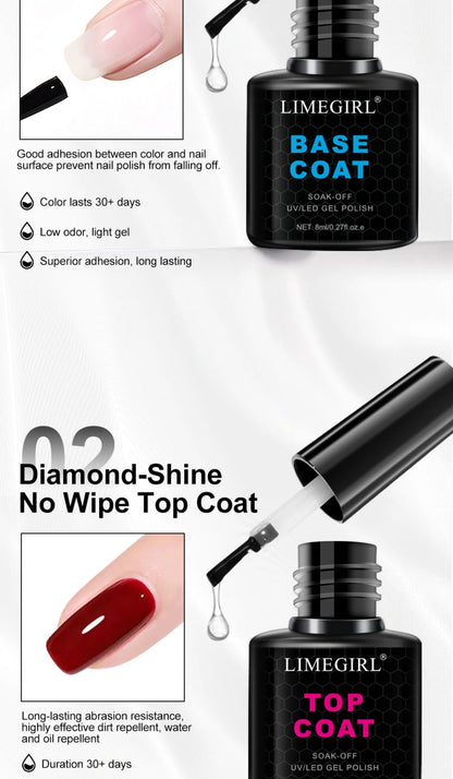 Limegirl nail polish base coat, top coat, and diamond-shine no wipe top coat with product details.