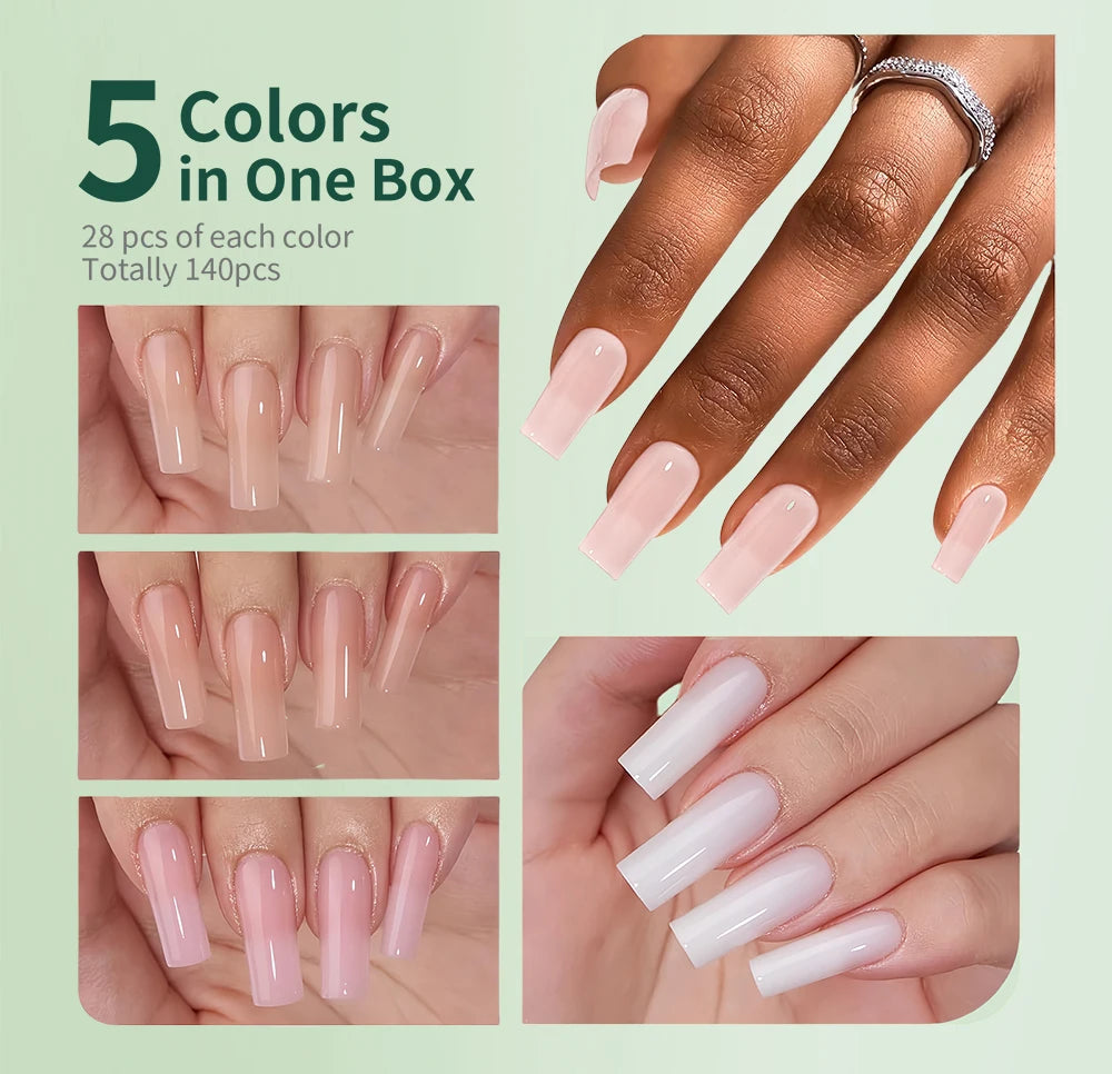 Nail polish set with five colors shown on a light green background