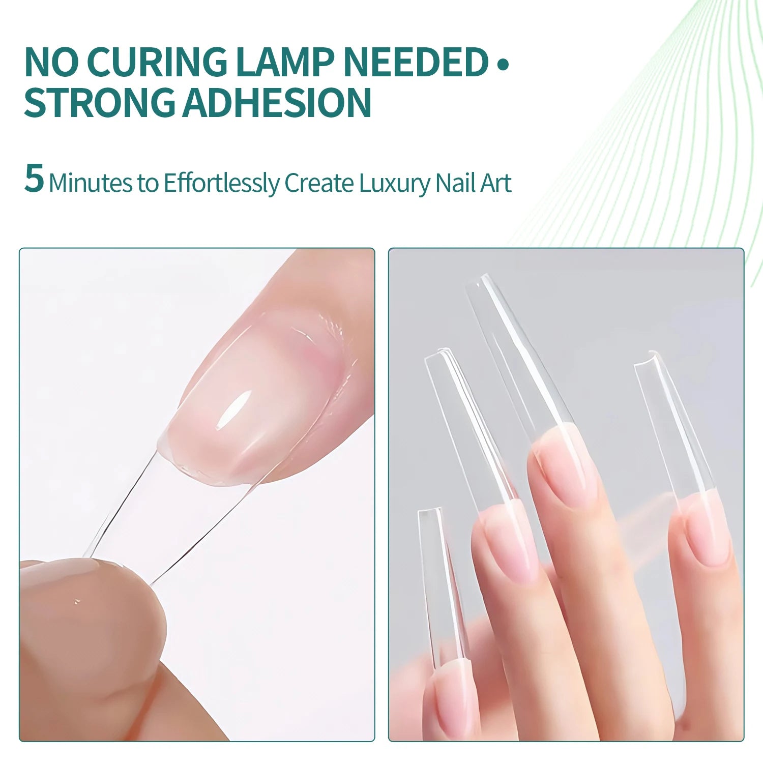 Nail art application process with text highlighting no curing lamp needed and strong adhesion.