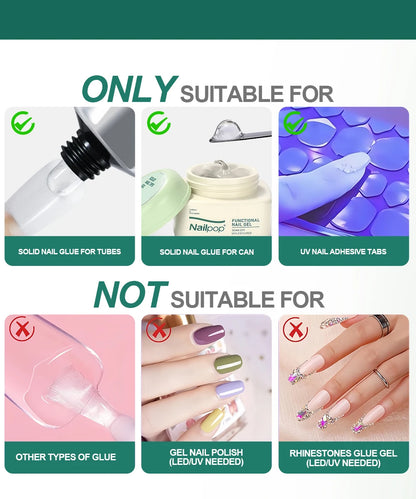 Instructions on suitability for nail adhesive products with icons and text.