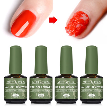Four bottles of 'Meet Across' nail gel remover with a close-up of red nails being removed.