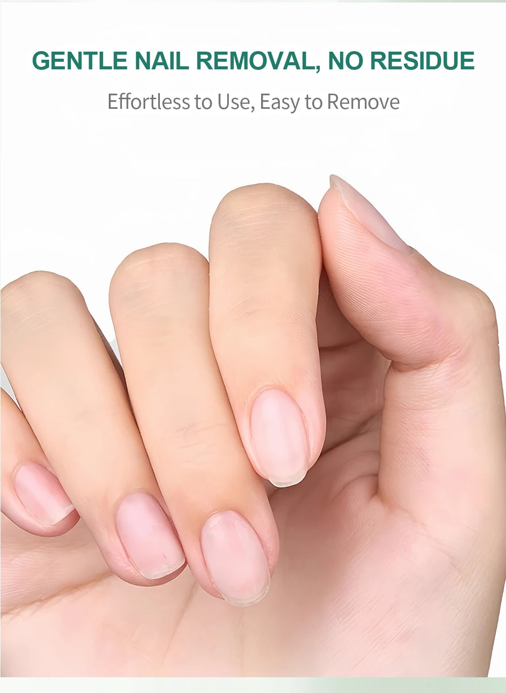 Hand with neatly manicured nails on a white background, promoting gentle nail removal.