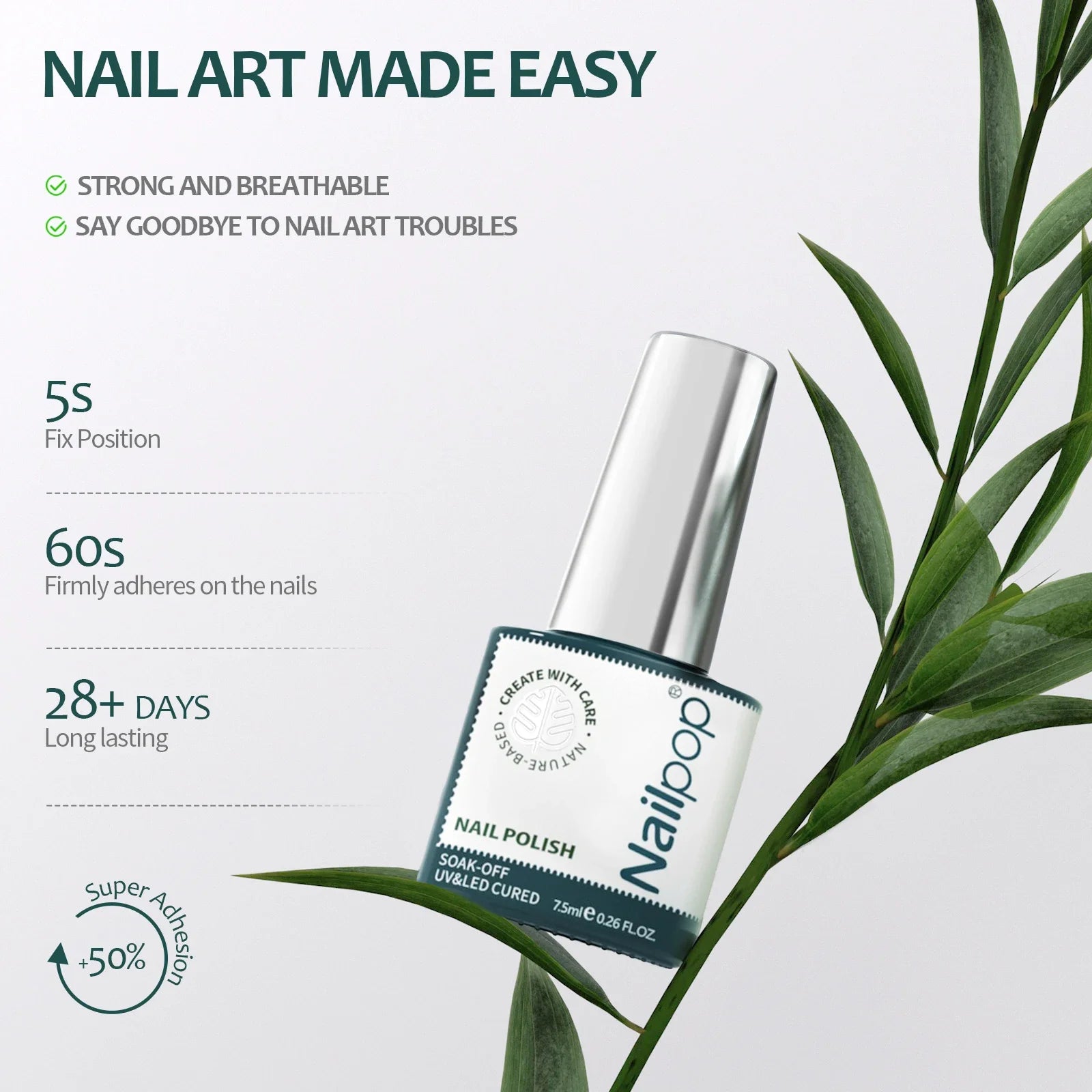 Nail polish bottle with green leaves on a light gray background, featuring text about nail art and product features.