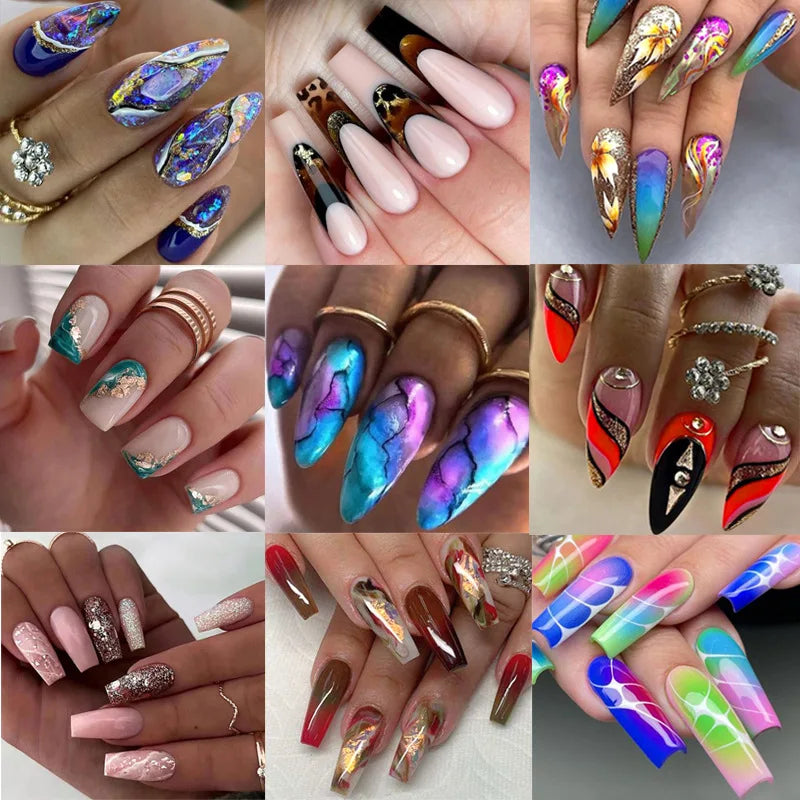 Collage of various colorful nail designs on hands.