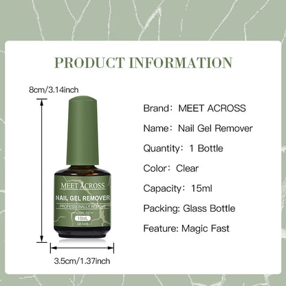 Nail gel remover bottle with product information on a green patterned background