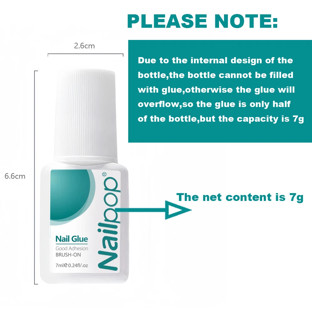 Nail glue bottle with dimensions and capacity information on a white background