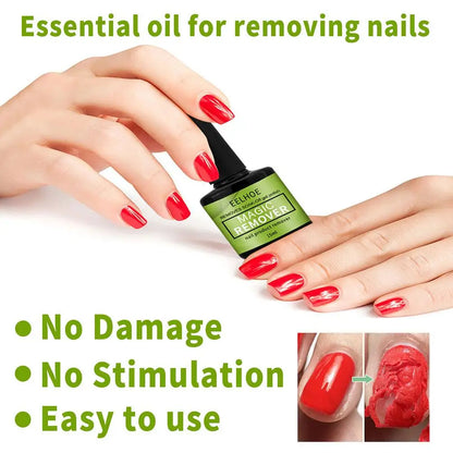 Bottle of nail removal product with text highlighting benefits on a white background
