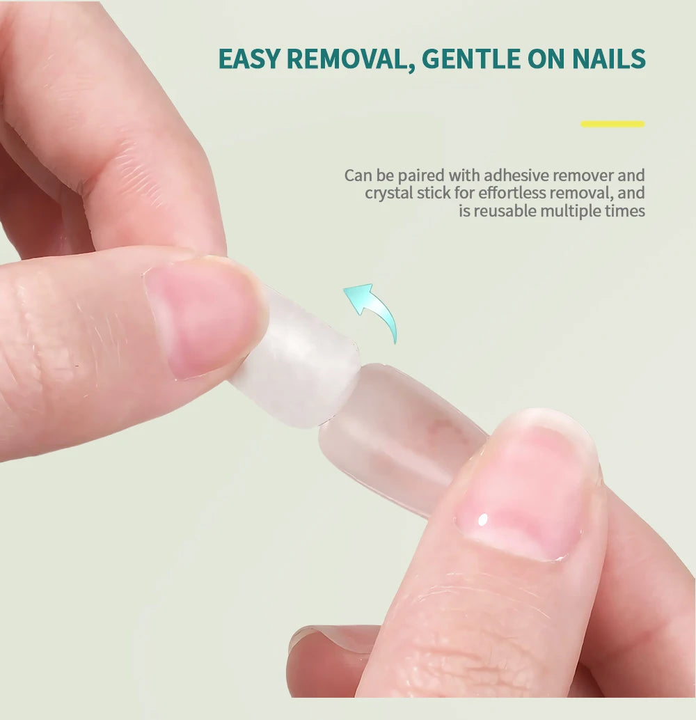 Person applying a clear adhesive strip to their finger with text about easy removal and gentle on nails.